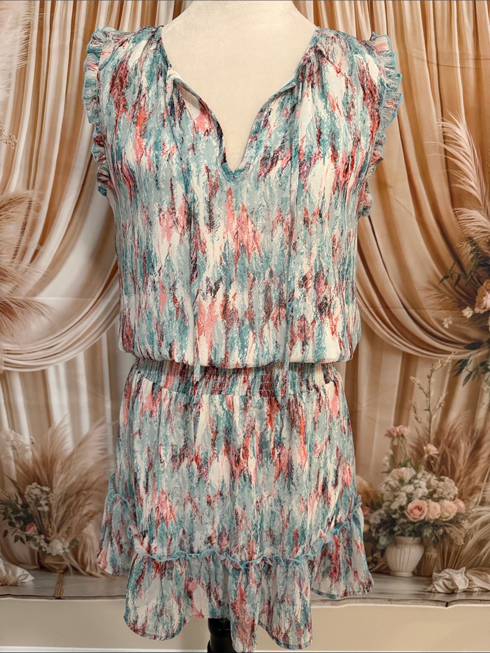 Veronica M Teal, Pink and White Ruffle-Trim Mini Dress
